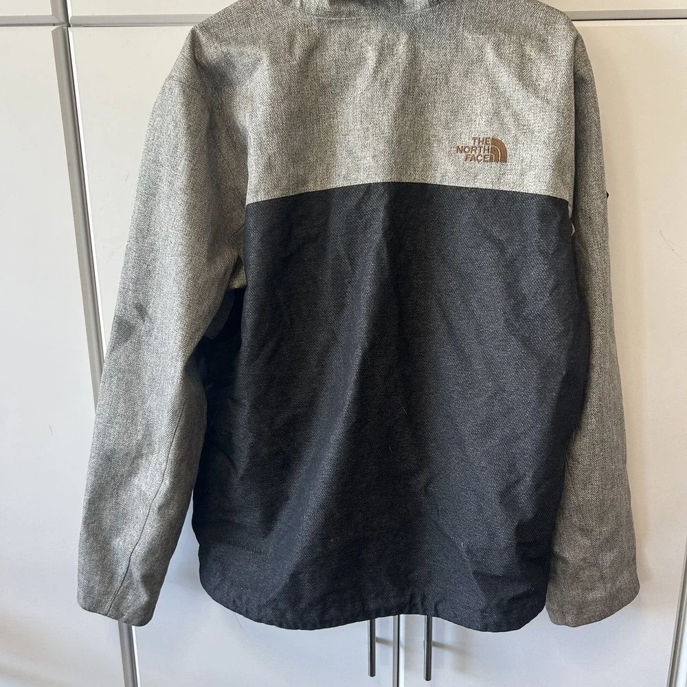 The North Face Mens L Hooded Jacket Grey Herringbone Black Colorblock Zip Up